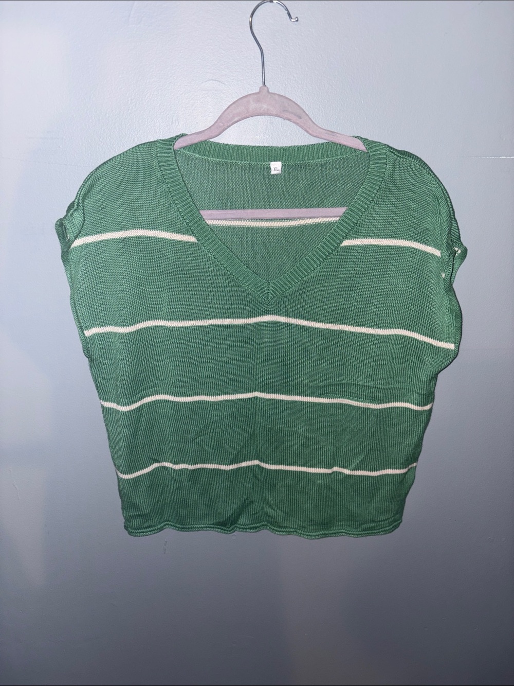 Green Striped V-Neck Knit Top